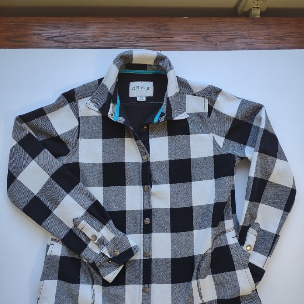 ORVIS Women's Flannel Jacket Black/White Plaid Fleece Lined Utility Cabin Medium - Picture 7 of 10